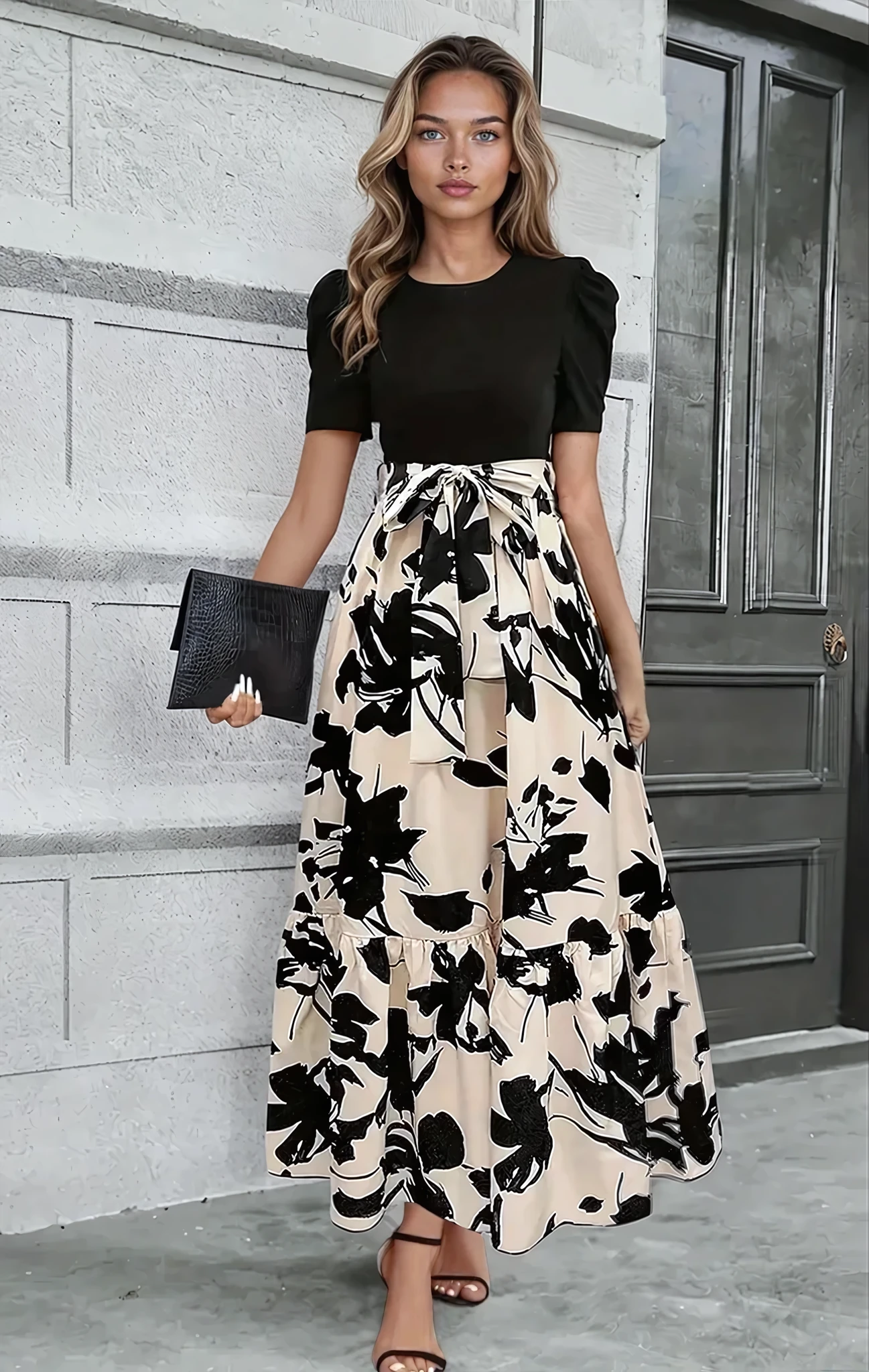 Floral Maxi Dress in Black with V-Neck for Women Summer