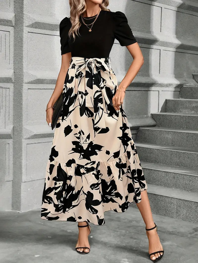 Floral Maxi Dress in Black with V-Neck for Women Summer