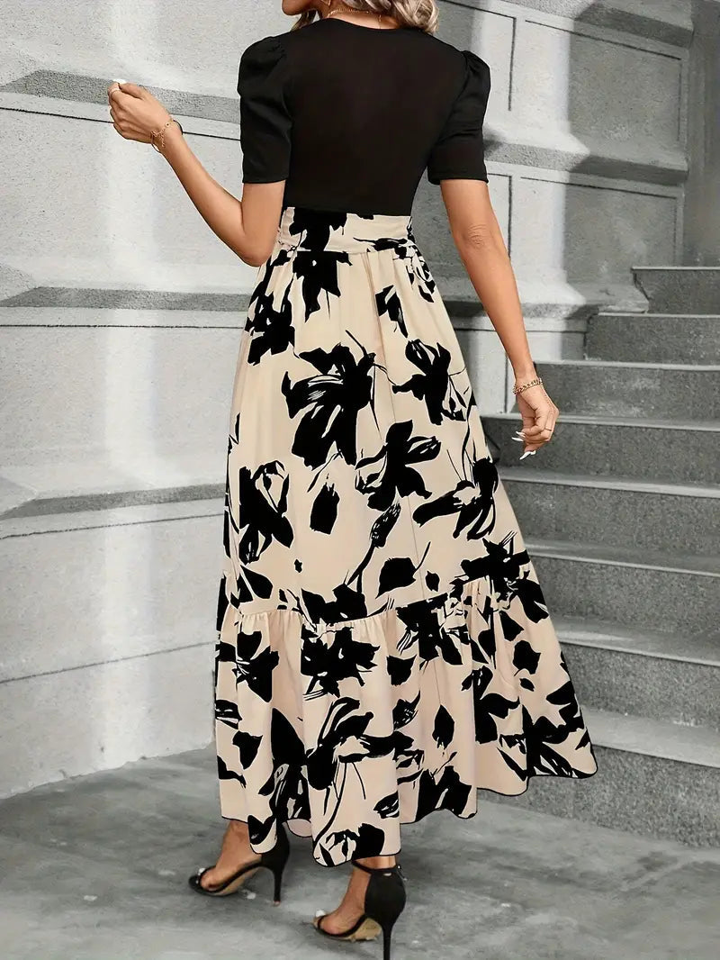 Floral Maxi Dress in Black with V-Neck for Women Summer