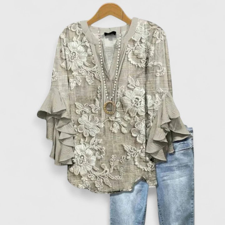 Cream Blue Floral Ruffle Bell Sleeve Notch Blouse
