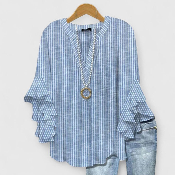 Cream Blue Floral Ruffle Bell Sleeve Notch Blouse