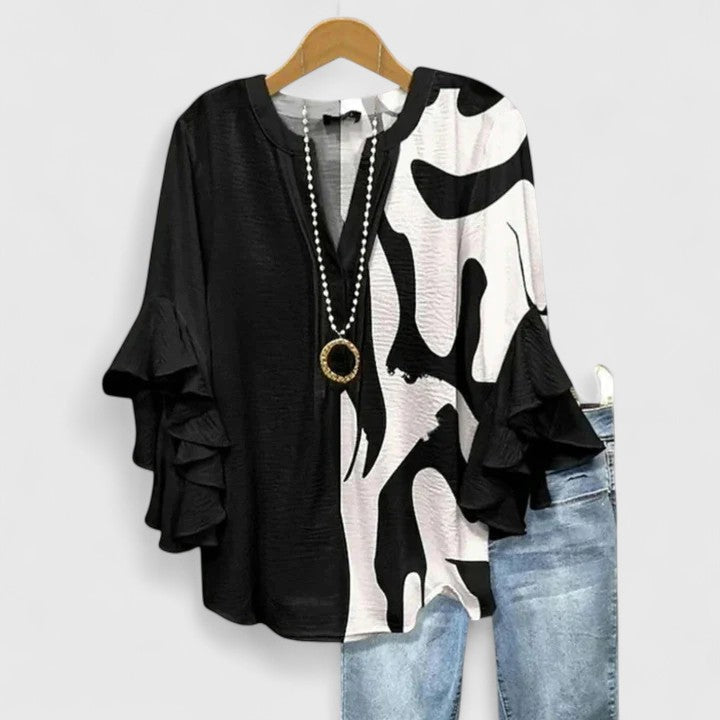 Cream Blue Floral Ruffle Bell Sleeve Notch Blouse