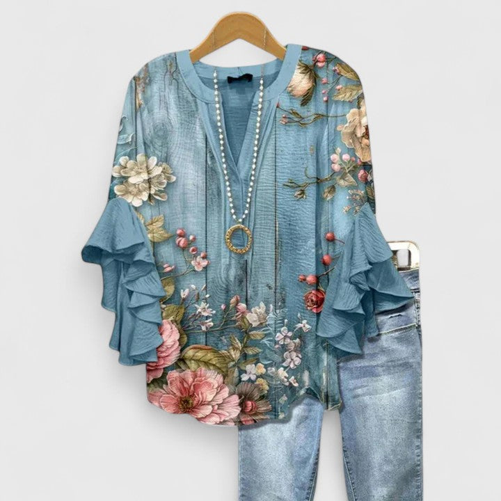Cream Blue Floral Ruffle Bell Sleeve Notch Blouse