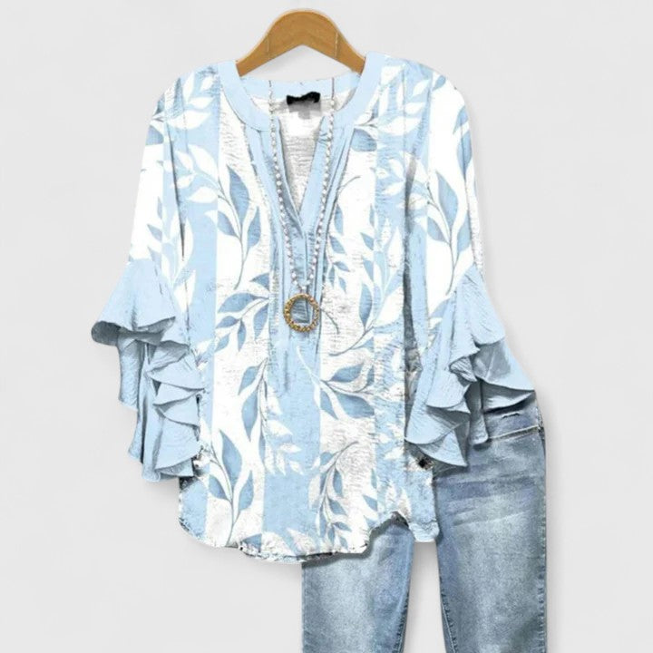 Cream Blue Floral Ruffle Bell Sleeve Notch Blouse