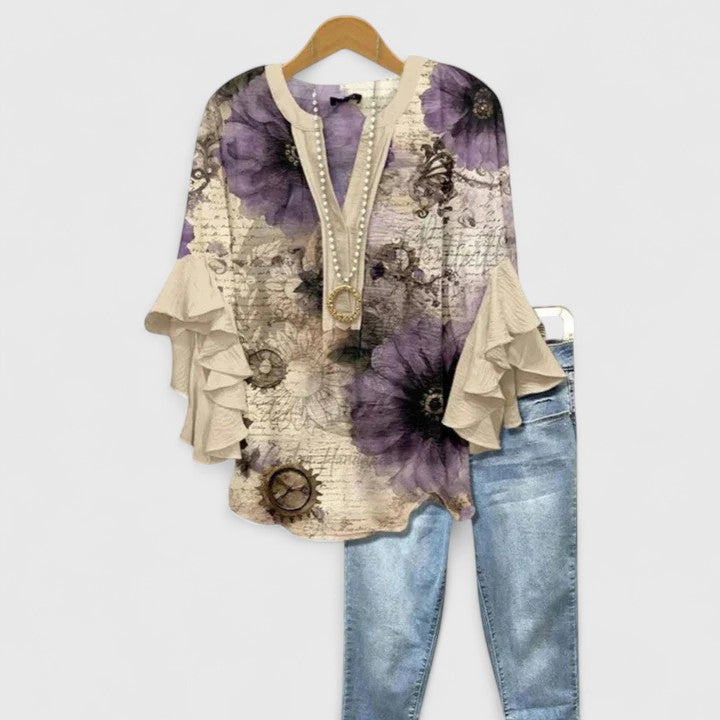 Cream Blue Floral Ruffle Bell Sleeve Notch Blouse
