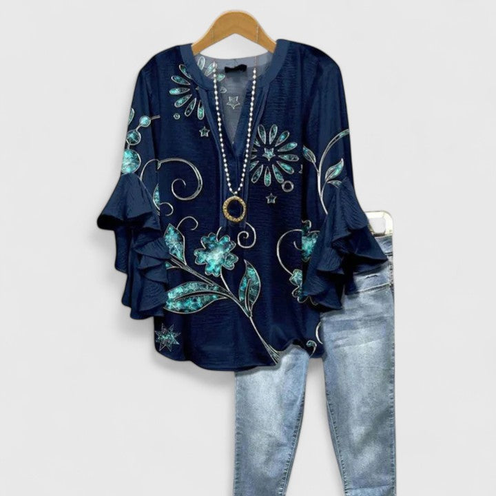 Cream Blue Floral Ruffle Bell Sleeve Notch Blouse