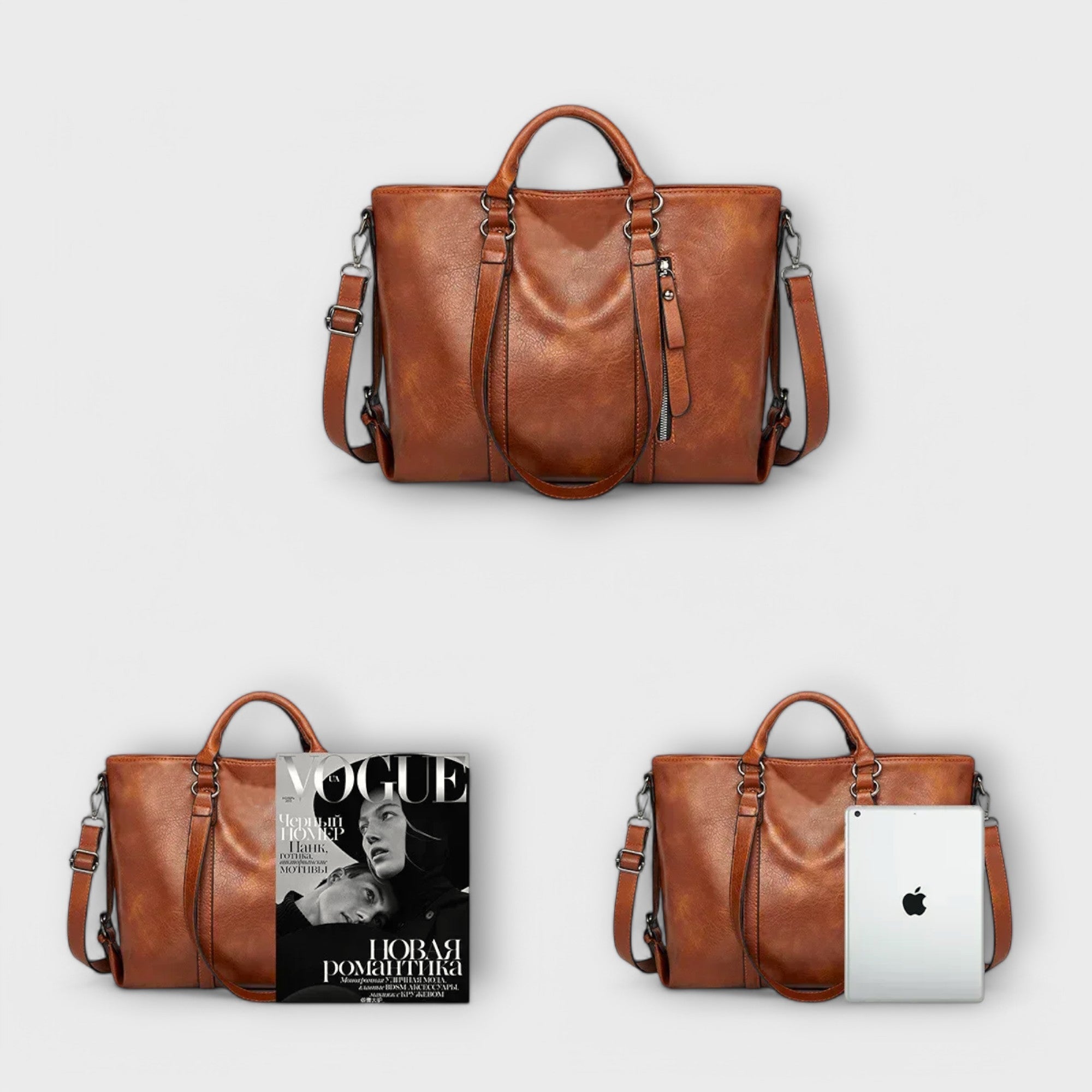 Cognac Distressed Minimalist Tote with Shoulder Strap