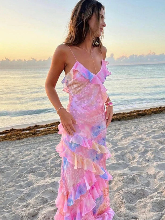 Ruffled Maxi Dress in Pastel Tones for Women Special Occasions