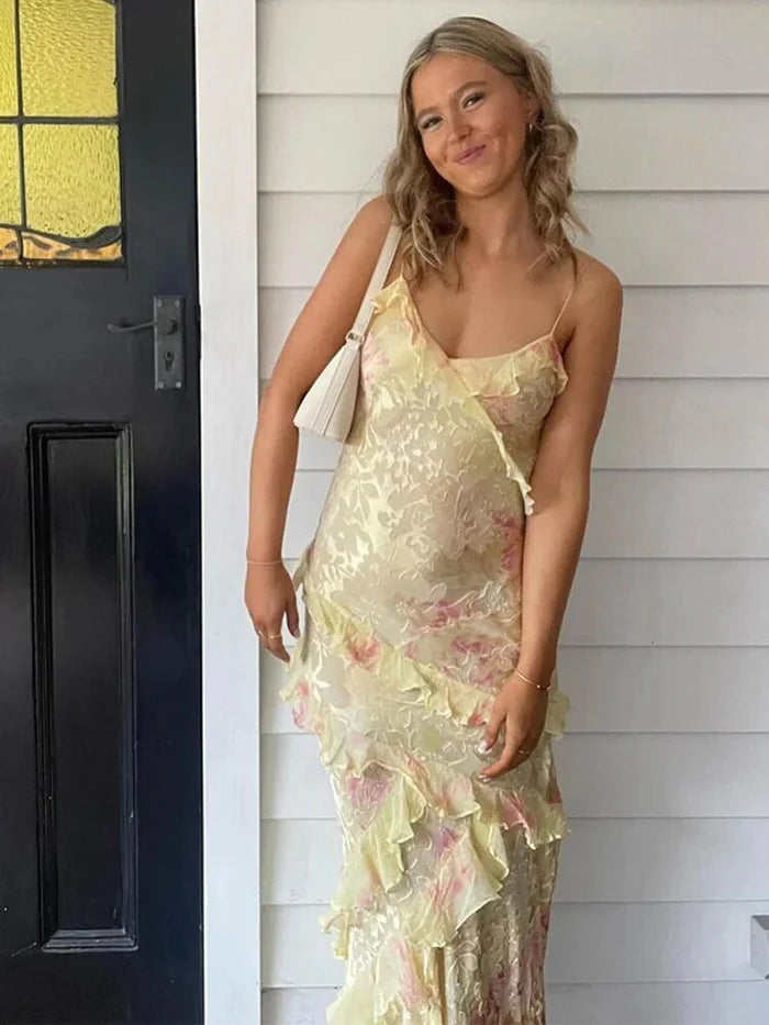 Ruffled Maxi Dress in Pastel Tones for Women Special Occasions