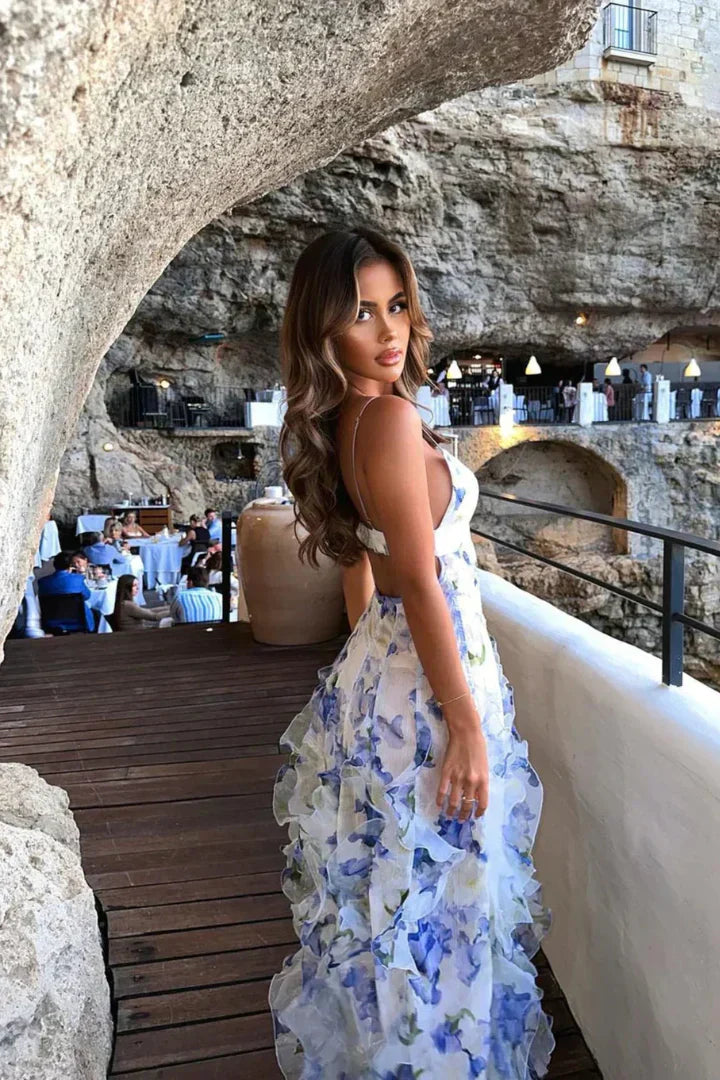 Floral Maxi Dress in White with Tiered Layers for Summer