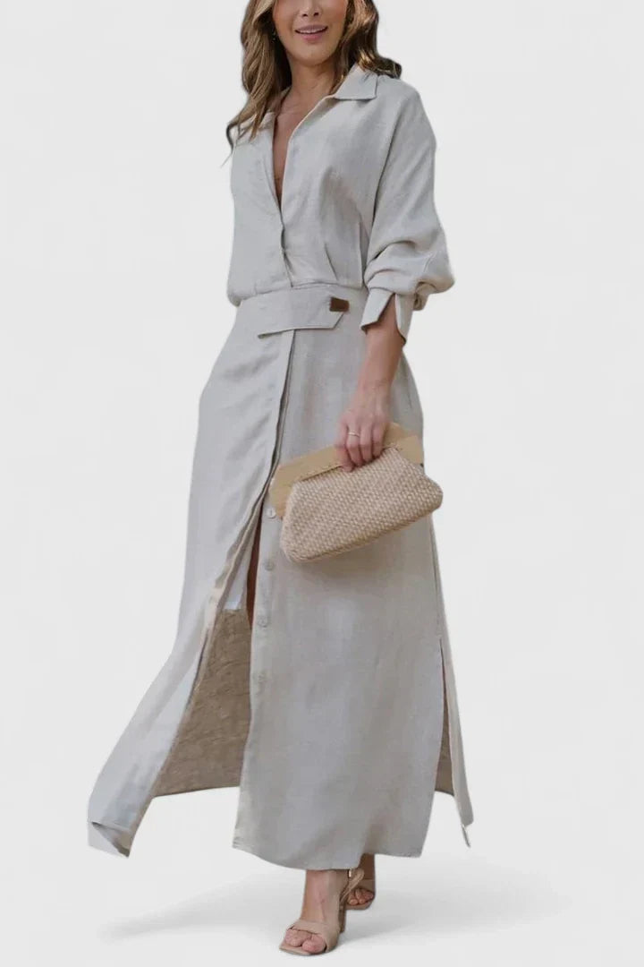 Dusty Rose Belted Shirt Collar Linen Maxi Dress