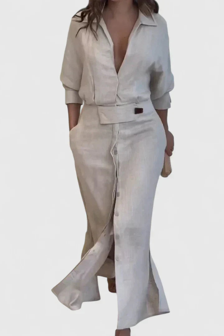 Dusty Rose Belted Shirt Collar Linen Maxi Dress