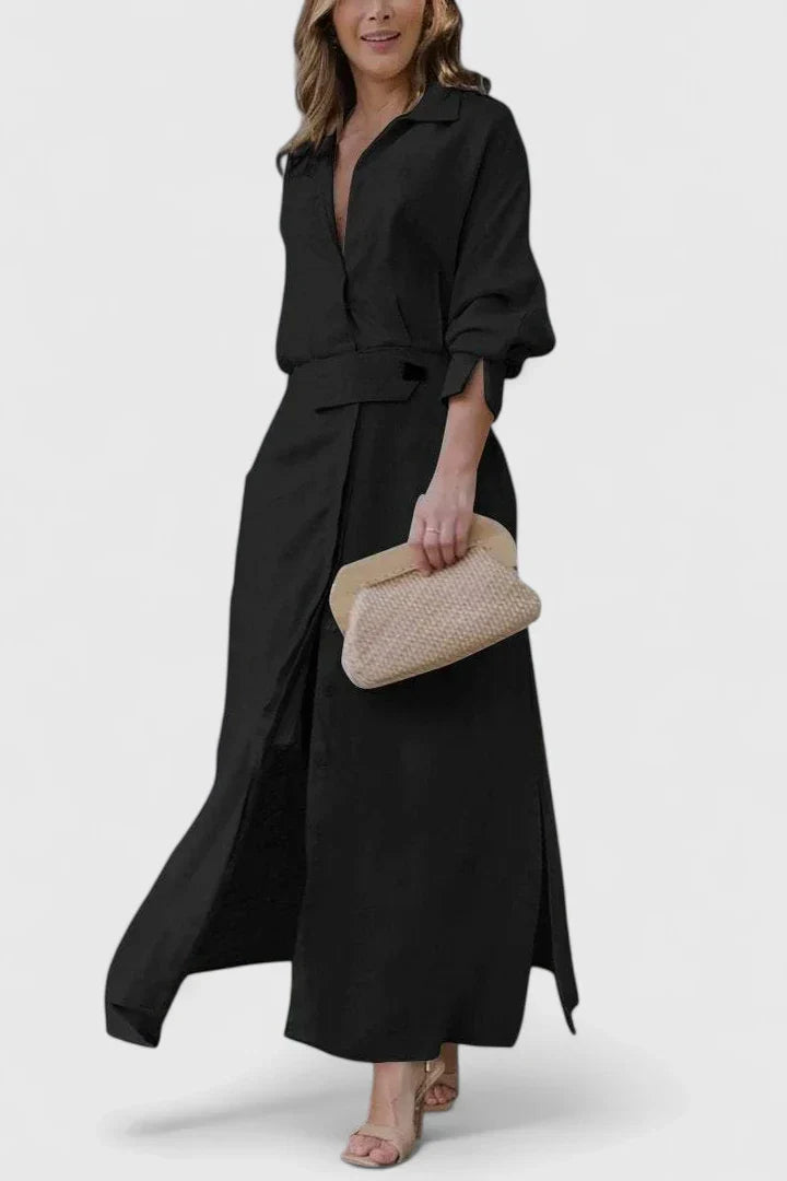 Dusty Rose Belted Shirt Collar Linen Maxi Dress