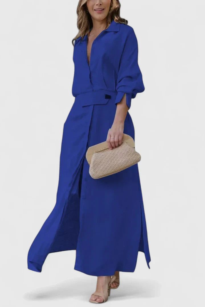 Dusty Rose Belted Shirt Collar Linen Maxi Dress