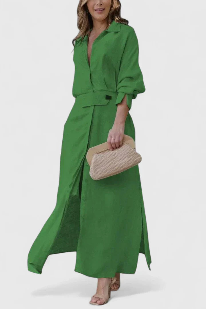 Dusty Rose Belted Shirt Collar Linen Maxi Dress