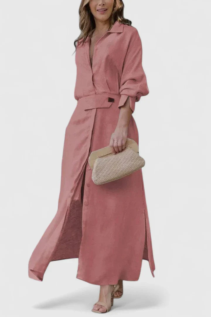 Dusty Rose Belted Shirt Collar Linen Maxi Dress