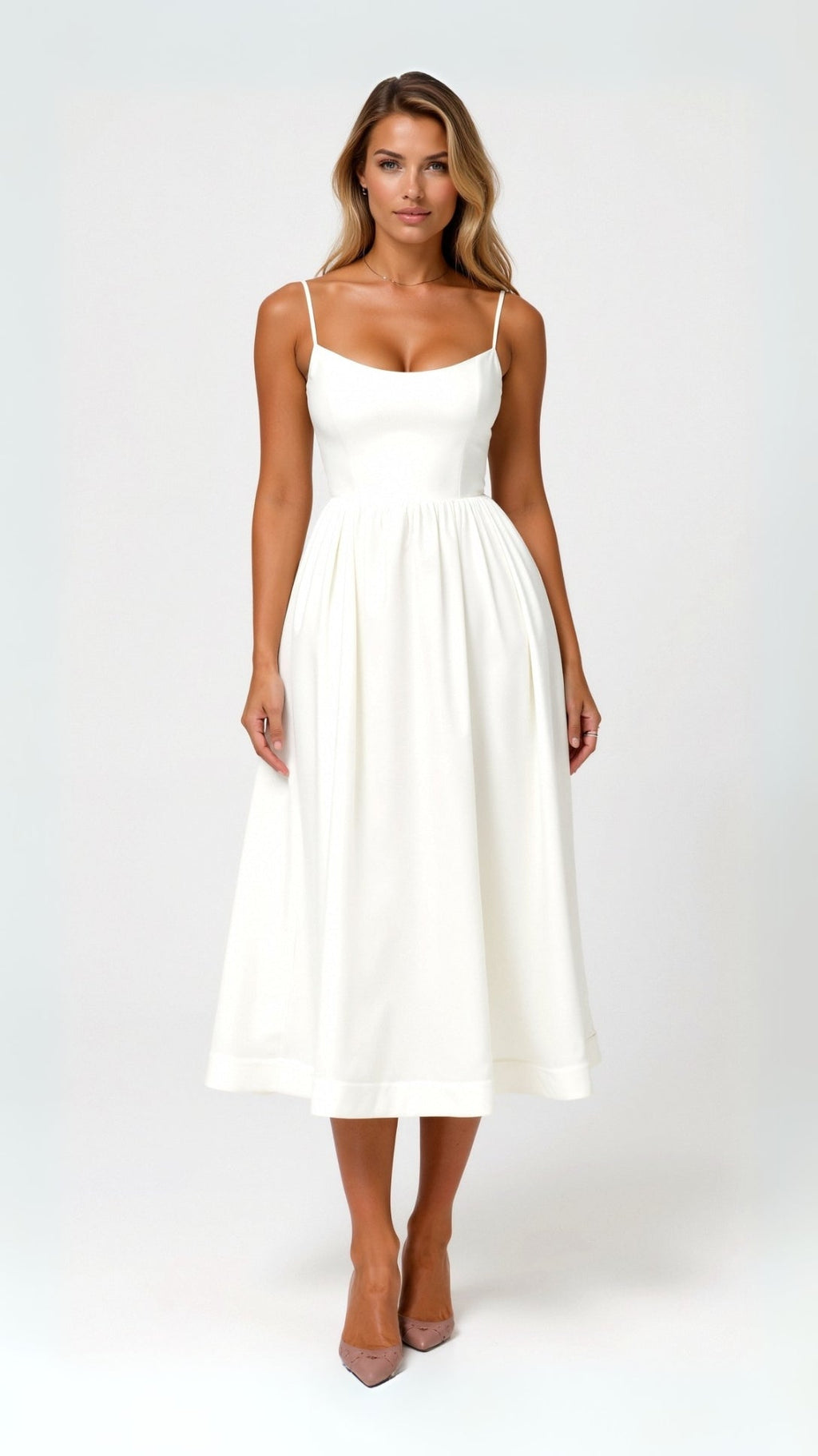 White Midi Dress for Women - Long Sleeve Flowing Cut for Elegant Style and Versatile Occasions