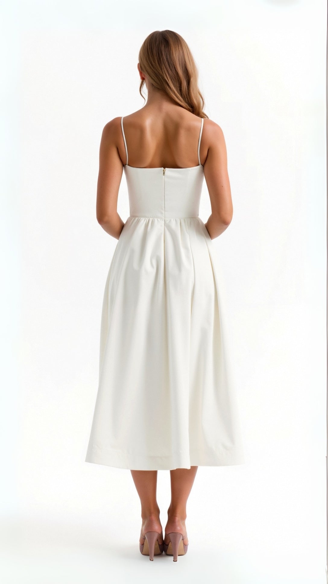 White Midi Dress for Women - Long Sleeve Flowing Cut for Elegant Style and Versatile Occasions
