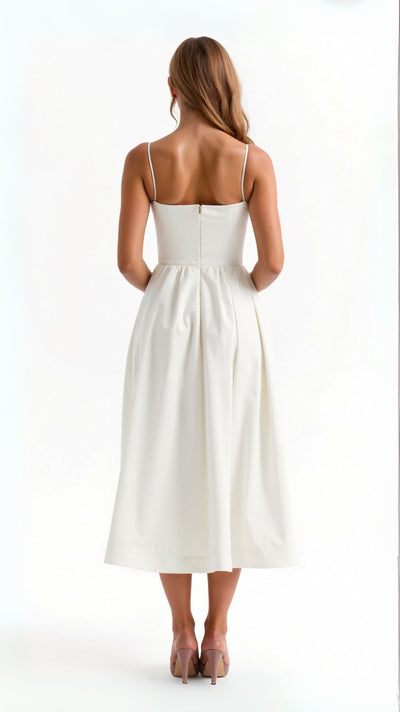 White Midi Dress for Women - Long Sleeve Flowing Cut for Elegant Style and Versatile Occasions