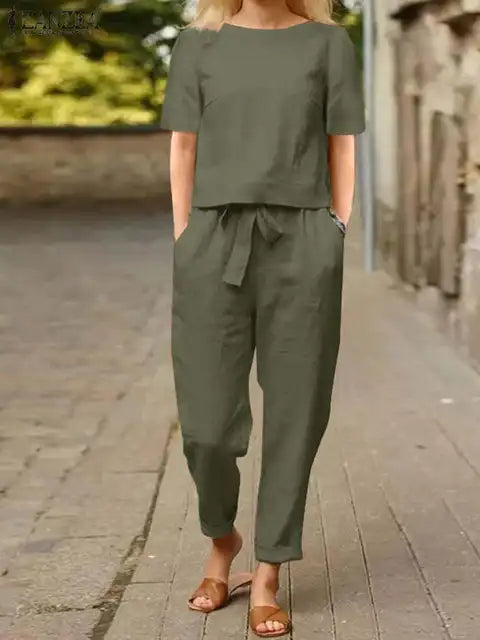 Women's Two-Piece Summer Set Outfit - Comfortable and Stylish Harem Pants and Blouse 1