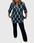 Blue Crinkle Cotton V-Neck Button-Front Blouse for Women