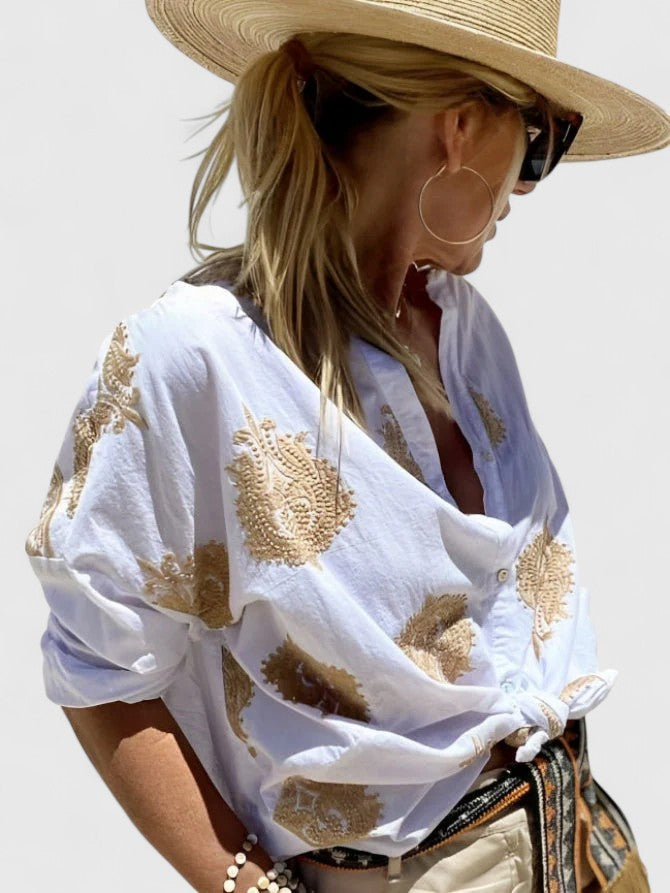 Sage Green Botanical Print Button-Down Blouse for Women